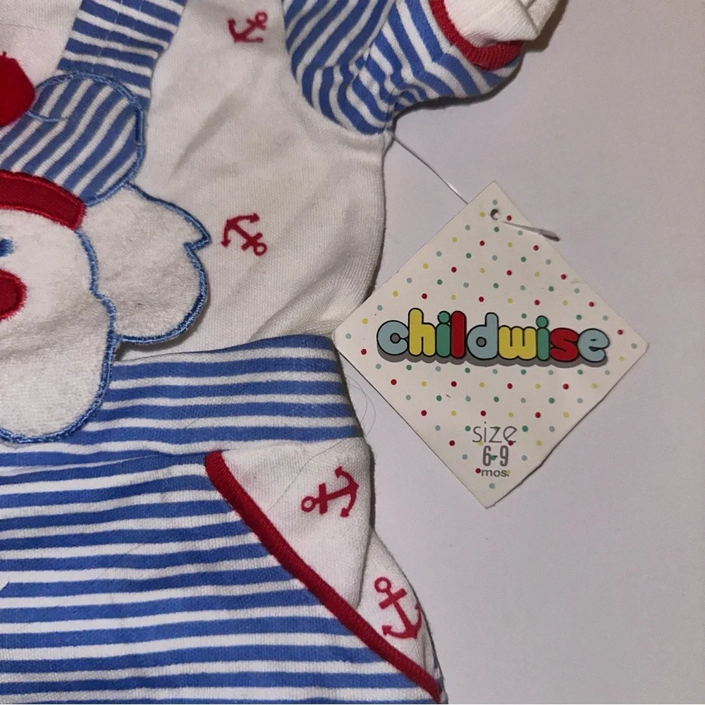 NWT VTG CHILDWISE Puppy Sailor OVERALLS SHORTS SHORTALLS Striped TEE Sz 6/9M